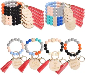 Faccito 12 Pcs Inspirational Keychain Bracelet with Tassel Beaded Motivational Quote Wristlet Keyring for Nurse Grad Gift(Bright Color)
