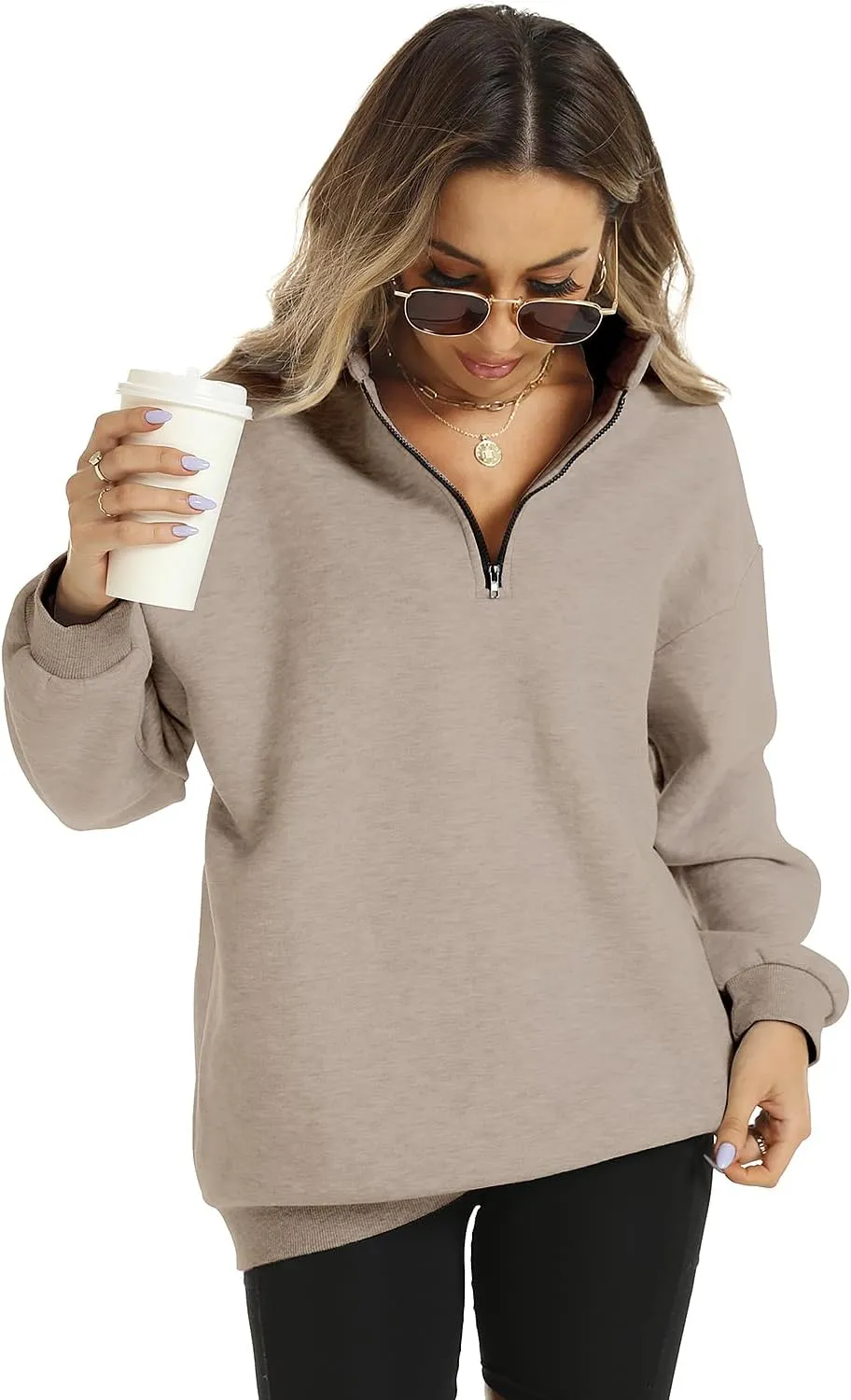 FANCYINN Womens Pullover Oversized Sweatshirt Half Zip Lapel Long Sleeve Drop Shoulder Teen Girls Fleece Sports Tops