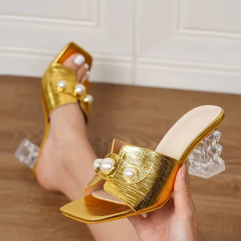 Fashion Chic faux half pearl gold Transparent high Heel shoes