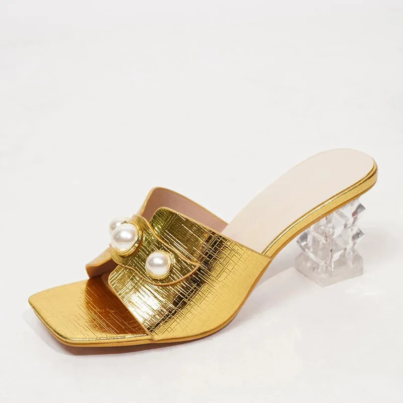 Fashion Chic faux half pearl gold Transparent high Heel shoes