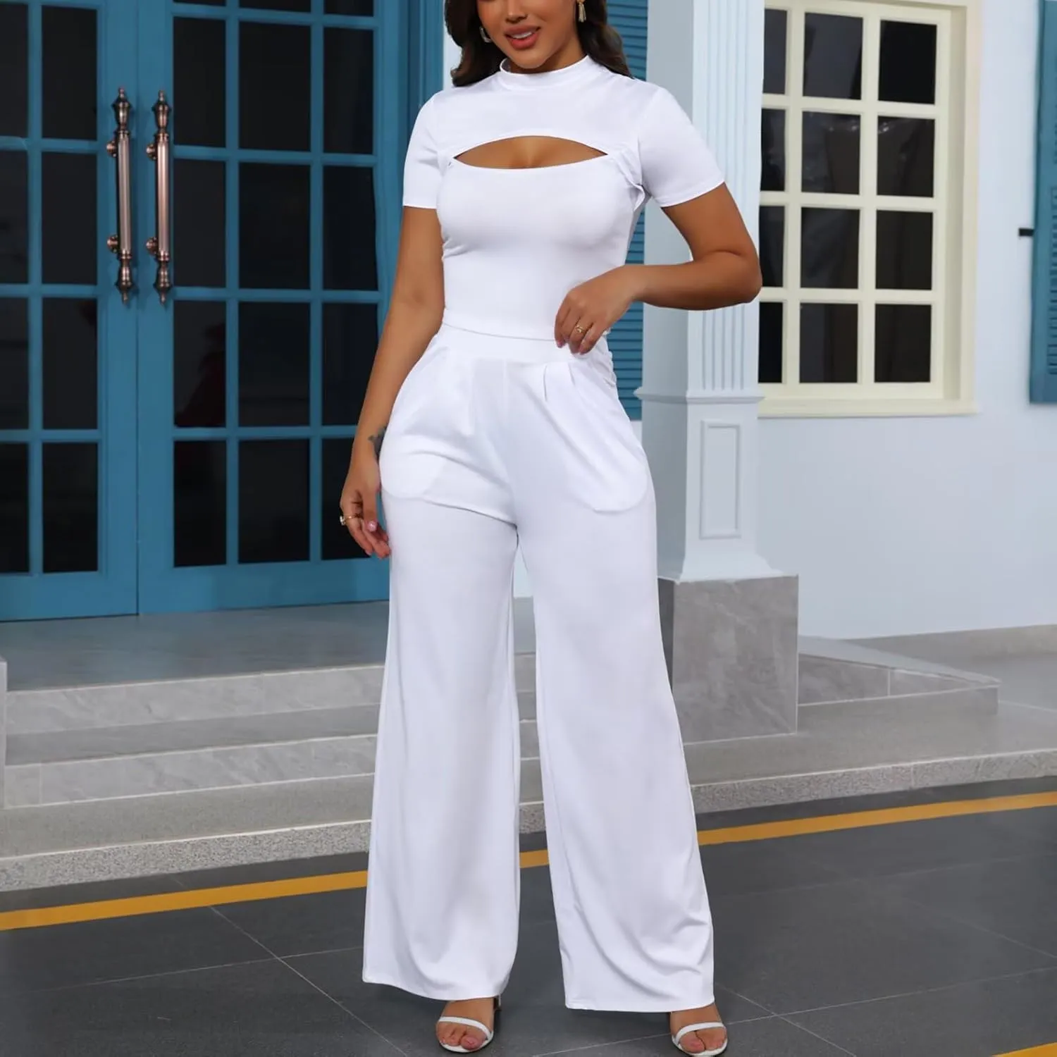 Fastkoala Women's Summer 2 Piece Outfits Lounge Sets Sexy Cutout Short Sleeve Tops Wide Leg Pants Sets Casual Travel Set