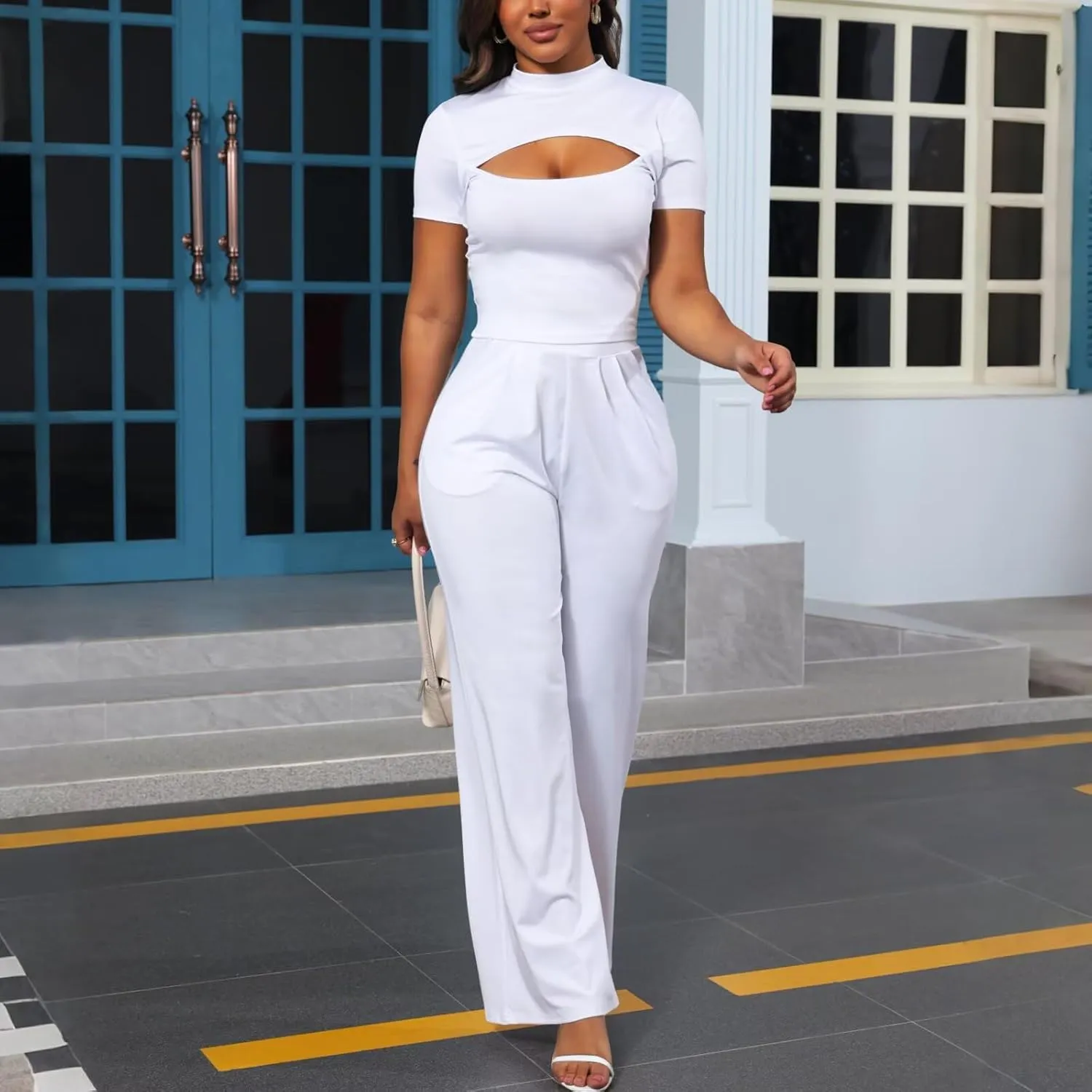 Fastkoala Women's Summer 2 Piece Outfits Lounge Sets Sexy Cutout Short Sleeve Tops Wide Leg Pants Sets Casual Travel Set