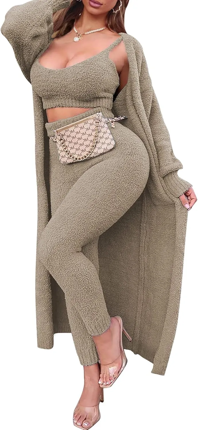Fixmatti Women's Fuzzy Fleece 3 Piece Lounge Set Crop Tops Leggings Long Cardigan Knitted Sweatsuit Outfits