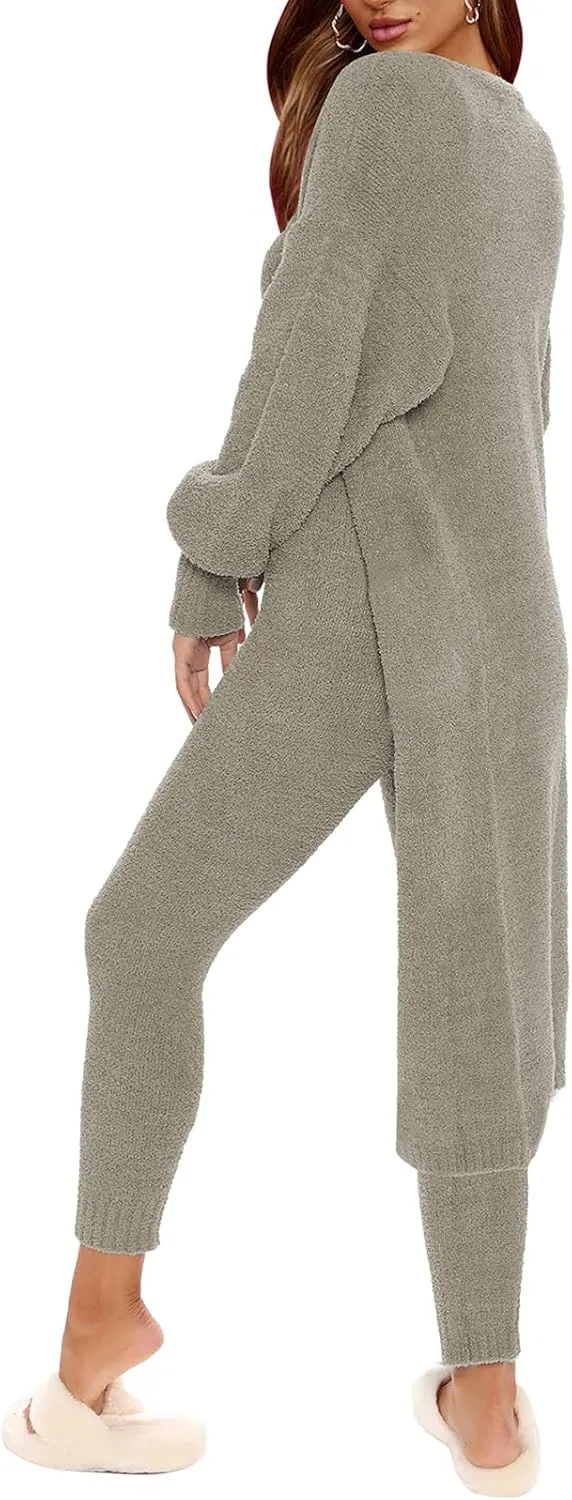 Fixmatti Women's Fuzzy Fleece 3 Piece Lounge Set Crop Tops Leggings Long Cardigan Knitted Sweatsuit Outfits