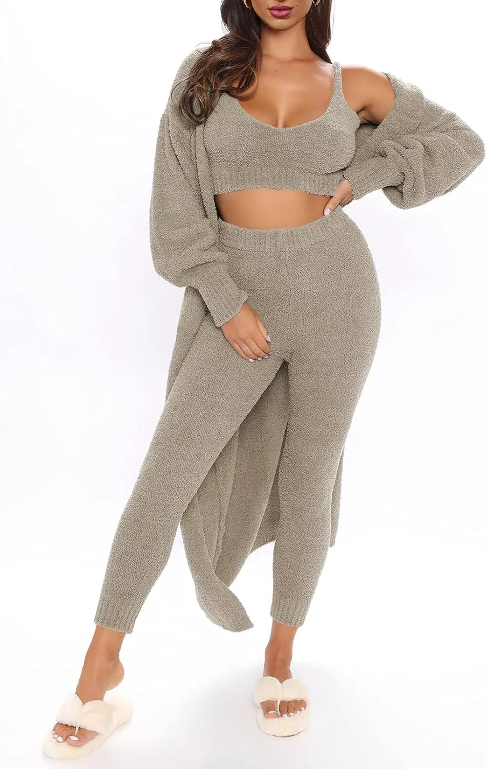 Fixmatti Women's Fuzzy Fleece 3 Piece Lounge Set Crop Tops Leggings Long Cardigan Knitted Sweatsuit Outfits