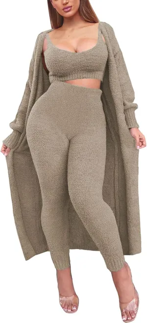 Fixmatti Women's Fuzzy Fleece 3 Piece Lounge Set Crop Tops Leggings Long Cardigan Knitted Sweatsuit Outfits