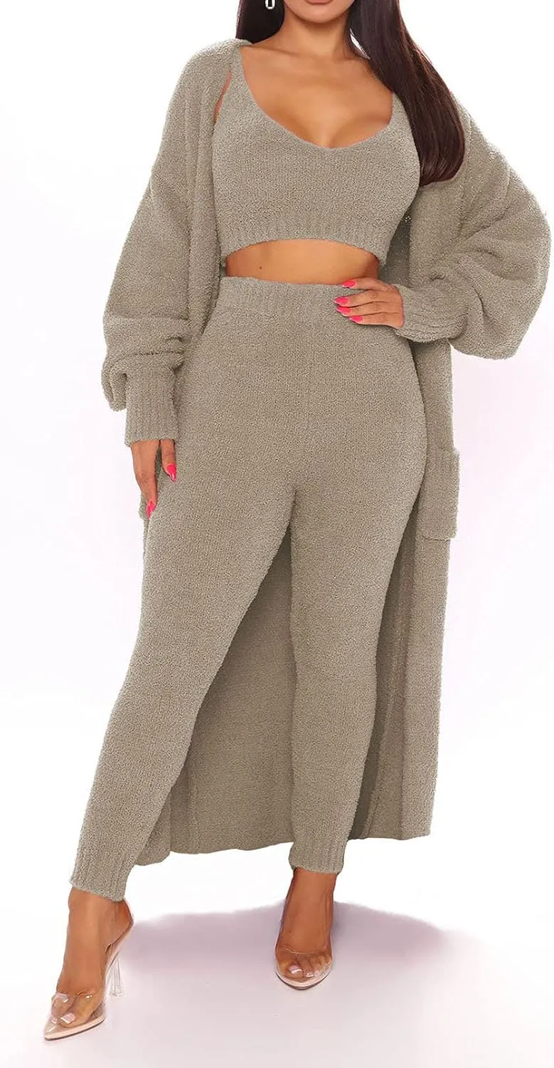 Fixmatti Women's Fuzzy Fleece 3 Piece Lounge Set Crop Tops Leggings Long Cardigan Knitted Sweatsuit Outfits