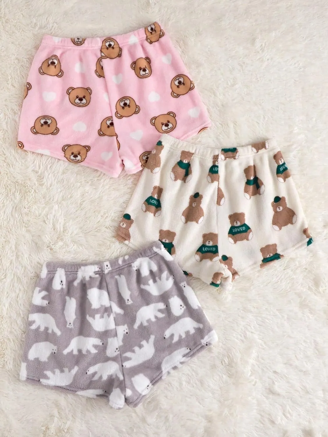 Floerns Women's 3Pcs Cartoon Graphic Pajama Shorts Fuzzy Loungewear Cute Pj Bottoms