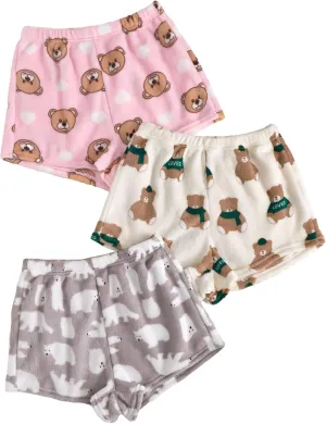 Floerns Women's 3Pcs Cartoon Graphic Pajama Shorts Fuzzy Loungewear Cute Pj Bottoms
