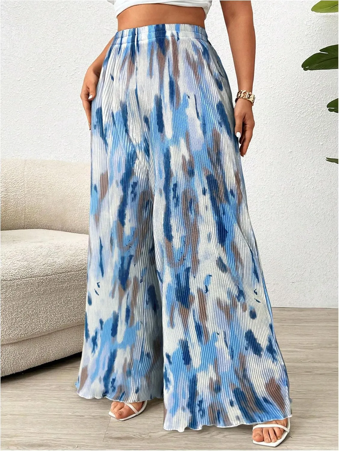Floerns Women's Plus Size Tie Dye Pleated Palazzo Pants High Waist Wide Leg Loose Pants