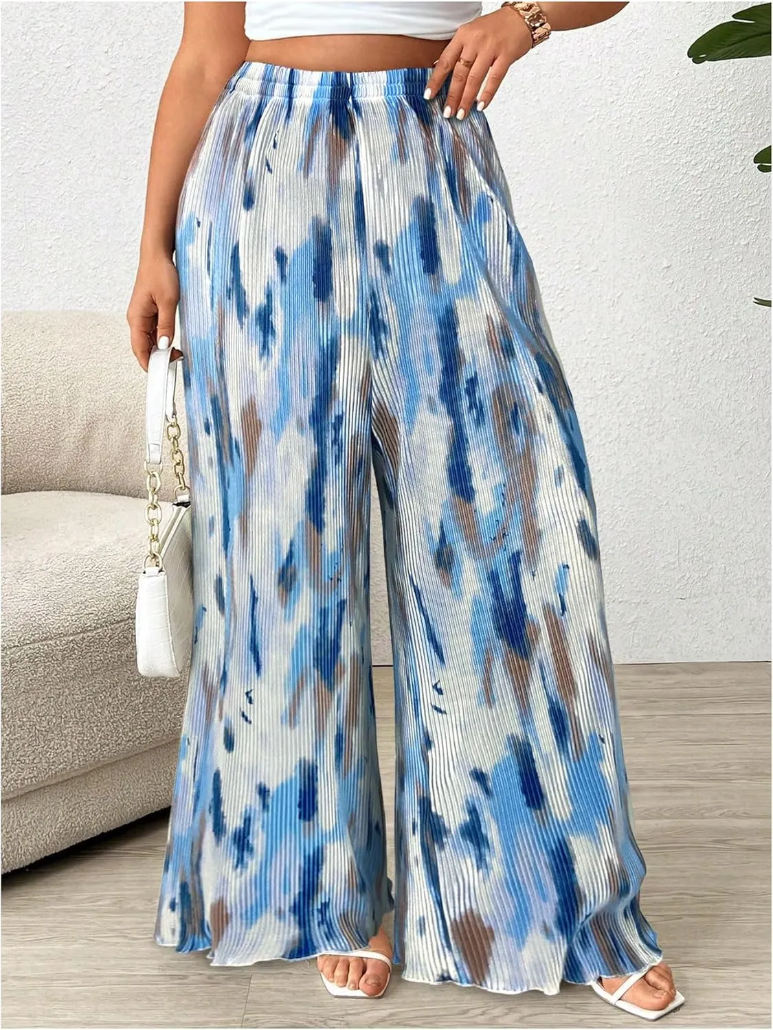 Floerns Women's Plus Size Tie Dye Pleated Palazzo Pants High Waist Wide Leg Loose Pants