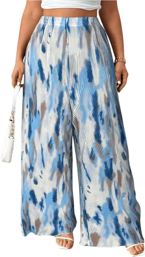Floerns Women's Plus Size Tie Dye Pleated Palazzo Pants High Waist Wide Leg Loose Pants