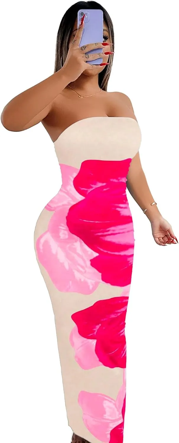 Floral Print Strapless Bodycon Maxi Dress - Sexy Summer Beach Dress for Women, Tropical Vacation Sundress, Club Party