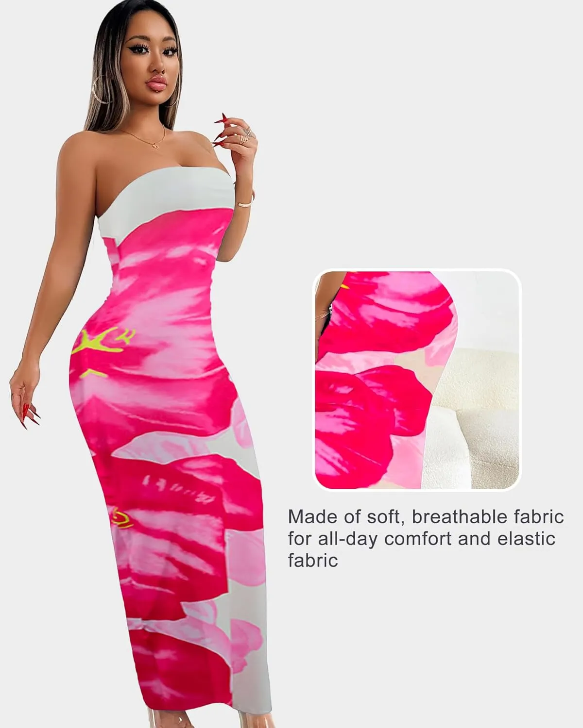 Floral Print Strapless Bodycon Maxi Dress - Sexy Summer Beach Dress for Women, Tropical Vacation Sundress, Club Party