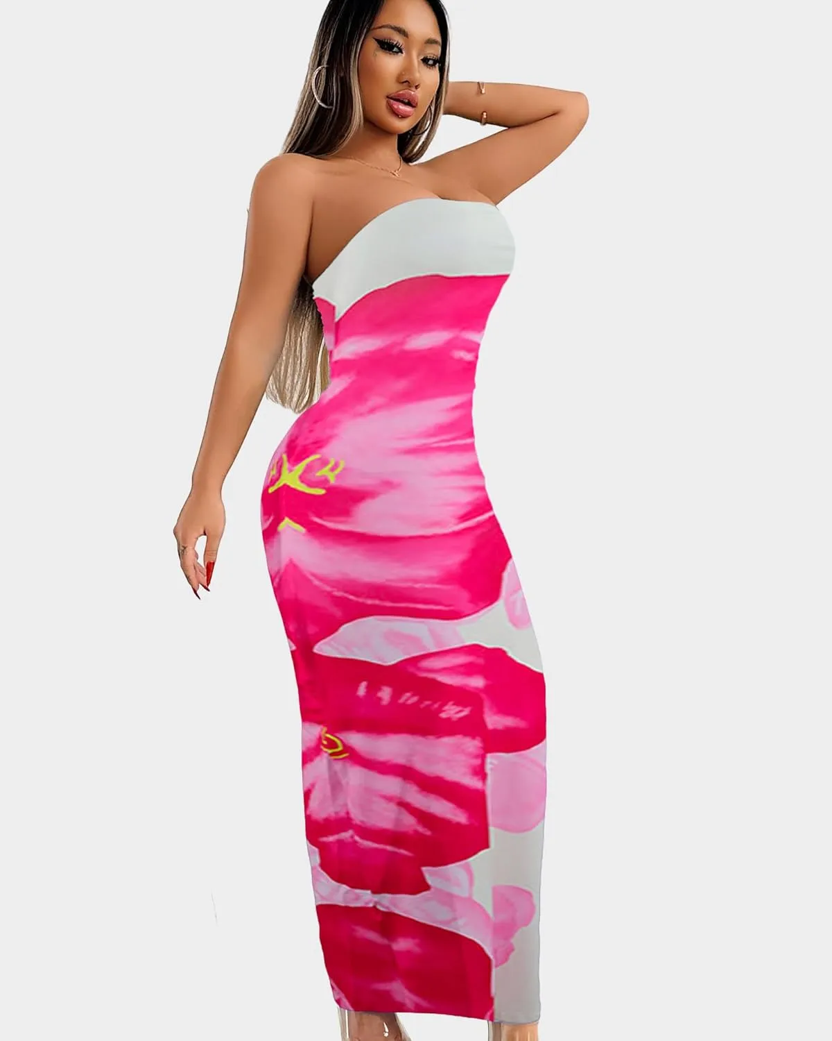 Floral Print Strapless Bodycon Maxi Dress - Sexy Summer Beach Dress for Women, Tropical Vacation Sundress, Club Party