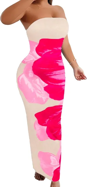 Floral Print Strapless Bodycon Maxi Dress - Sexy Summer Beach Dress for Women, Tropical Vacation Sundress, Club Party