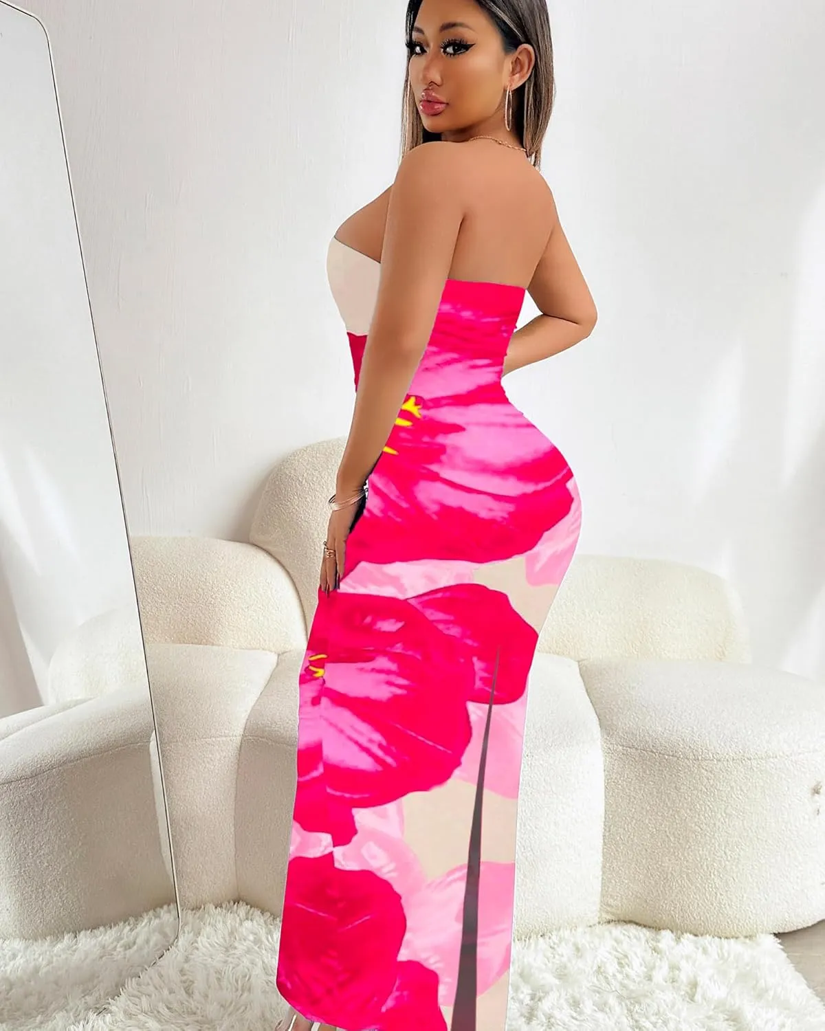 Floral Print Strapless Bodycon Maxi Dress - Sexy Summer Beach Dress for Women, Tropical Vacation Sundress, Club Party