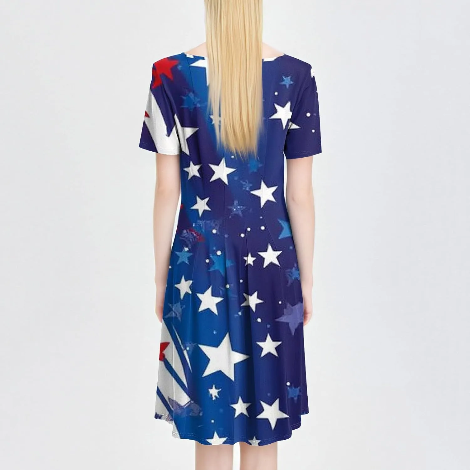 Fourth of July Dresses Red White and Blue Women's Casual Fashion Round Neck Short Sleeve Print Midi Comfy Casual Dress
