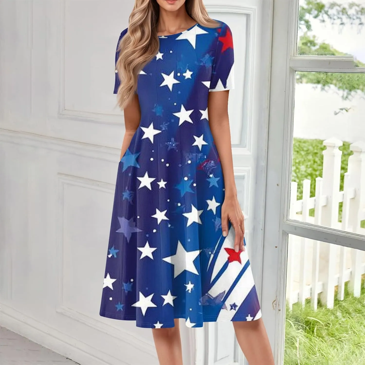Fourth of July Dresses Red White and Blue Women's Casual Fashion Round Neck Short Sleeve Print Midi Comfy Casual Dress