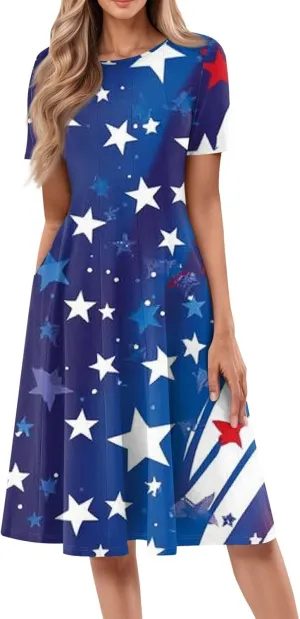 Fourth of July Dresses Red White and Blue Women's Casual Fashion Round Neck Short Sleeve Print Midi Comfy Casual Dress