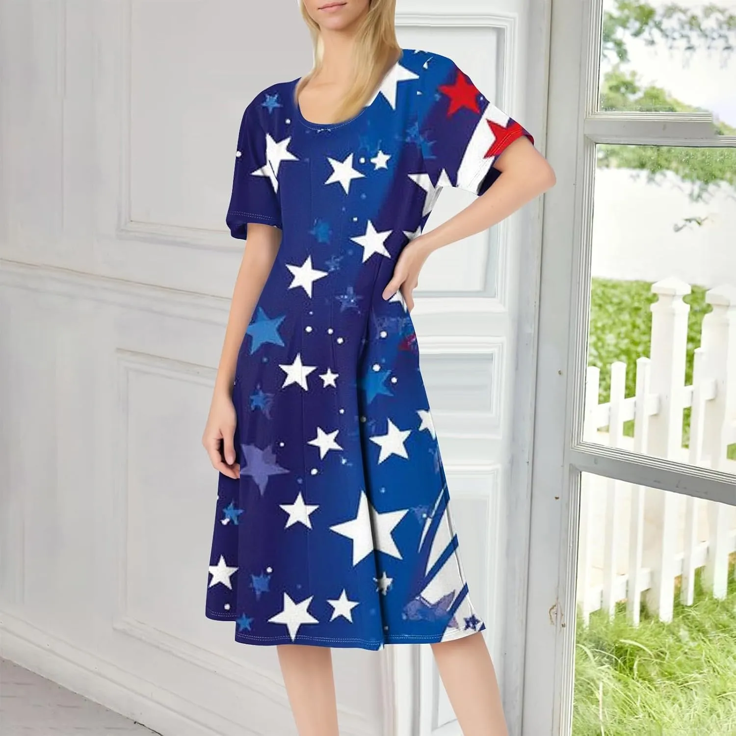 Fourth of July Dresses Red White and Blue Women's Casual Fashion Round Neck Short Sleeve Print Midi Comfy Casual Dress
