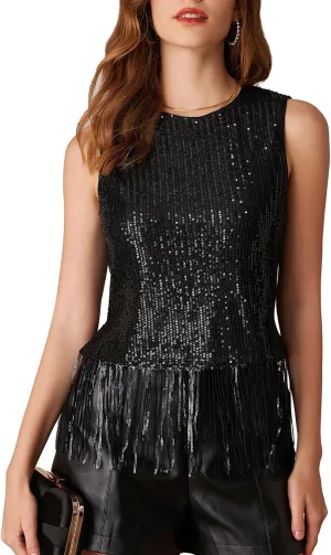 Fringe Sparkly Tops for Women Sleeveless Tassel Sequin Tank Top Crewneck Crop Party Shirt Glitter Disco Outfit Black M