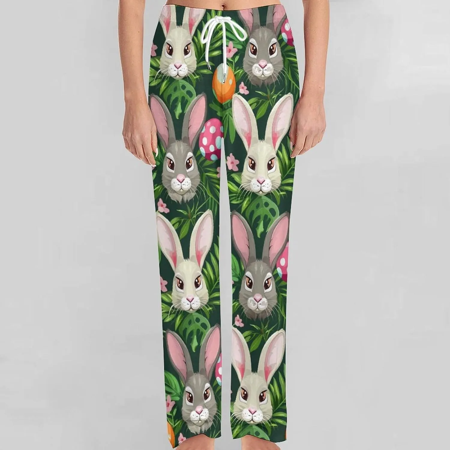 Funny Cartoon Rabbits Pajama Pants with Pockets Print Loungewear Bottoms Soft Sleep Pants for Men Women