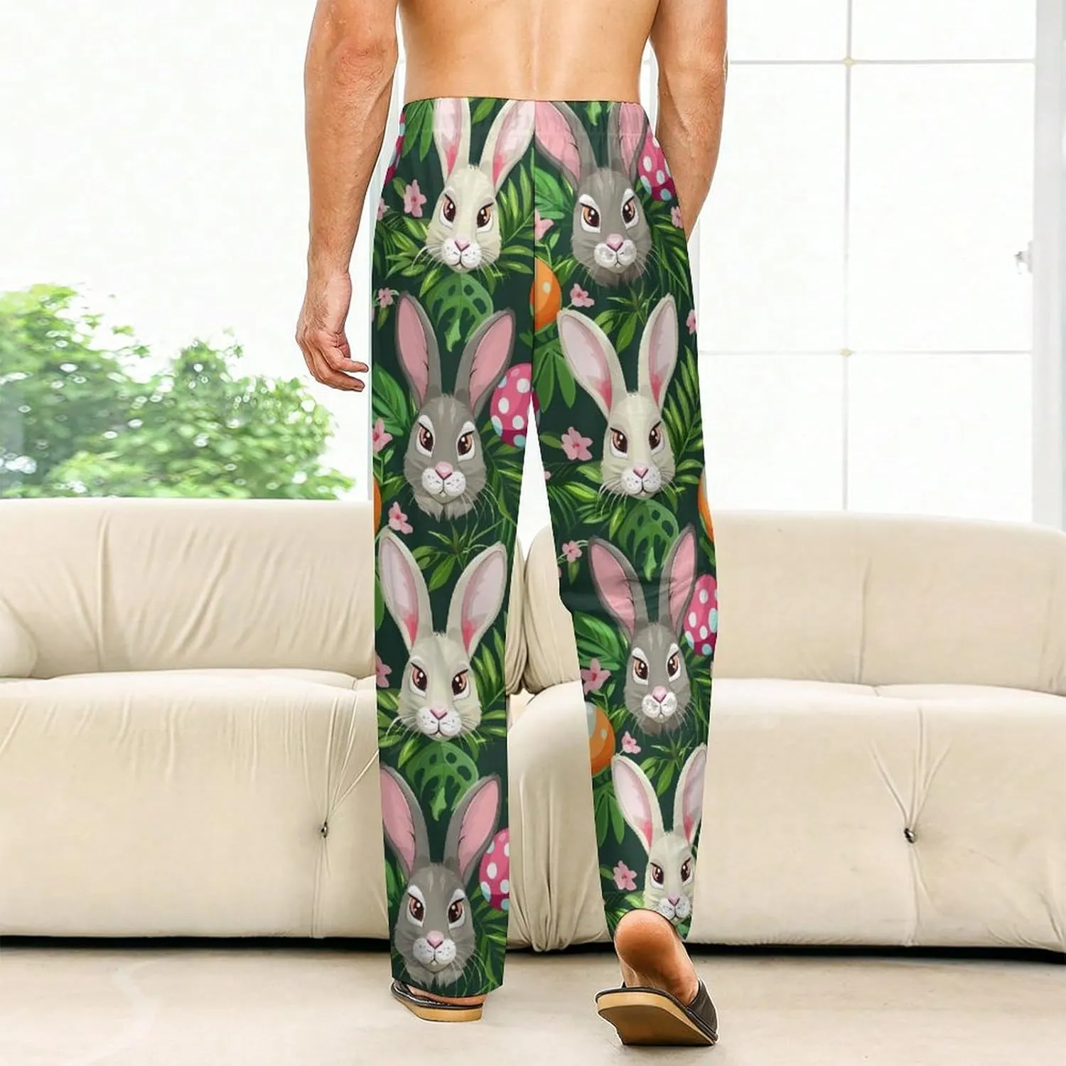 Funny Cartoon Rabbits Pajama Pants with Pockets Print Loungewear Bottoms Soft Sleep Pants for Men Women