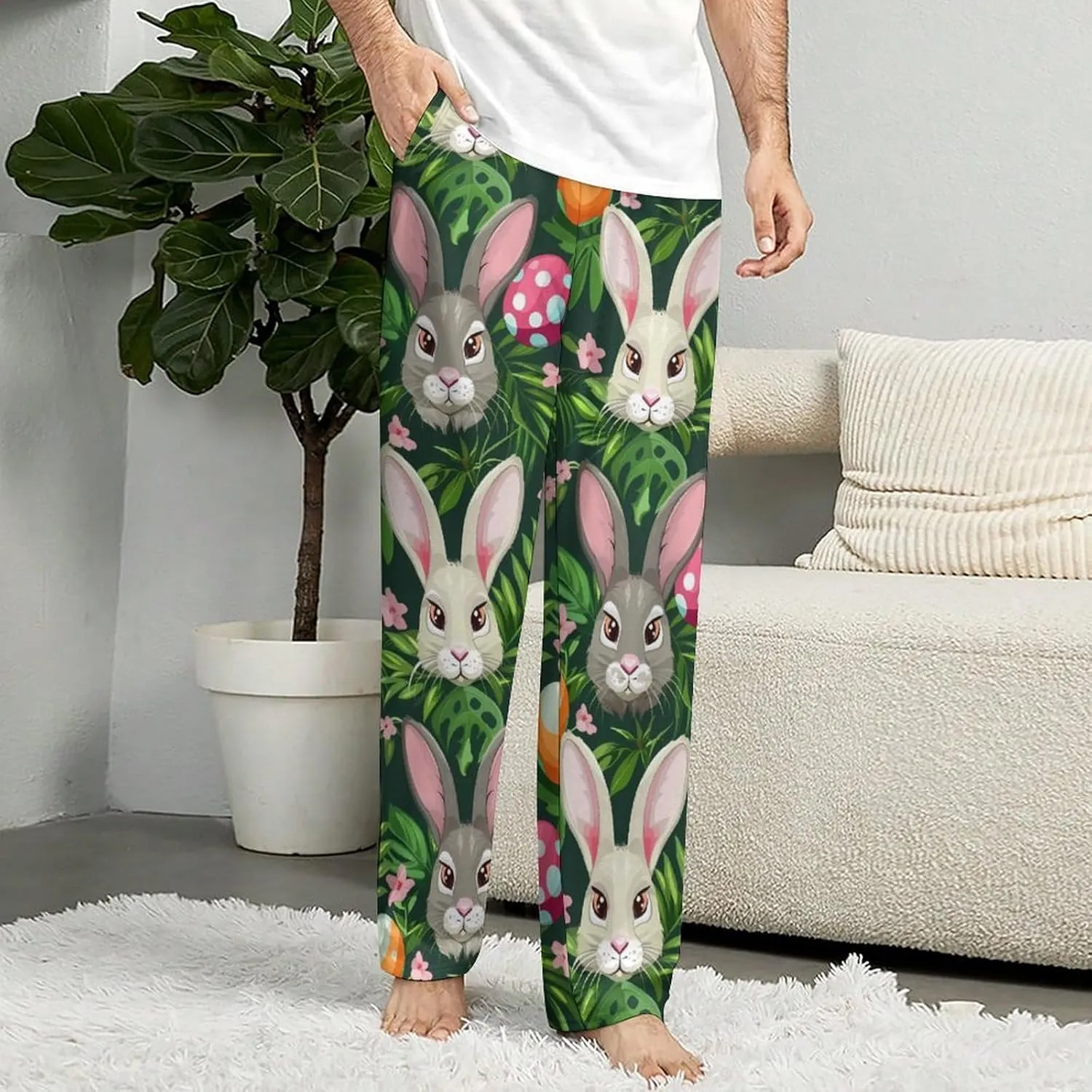 Funny Cartoon Rabbits Pajama Pants with Pockets Print Loungewear Bottoms Soft Sleep Pants for Men Women