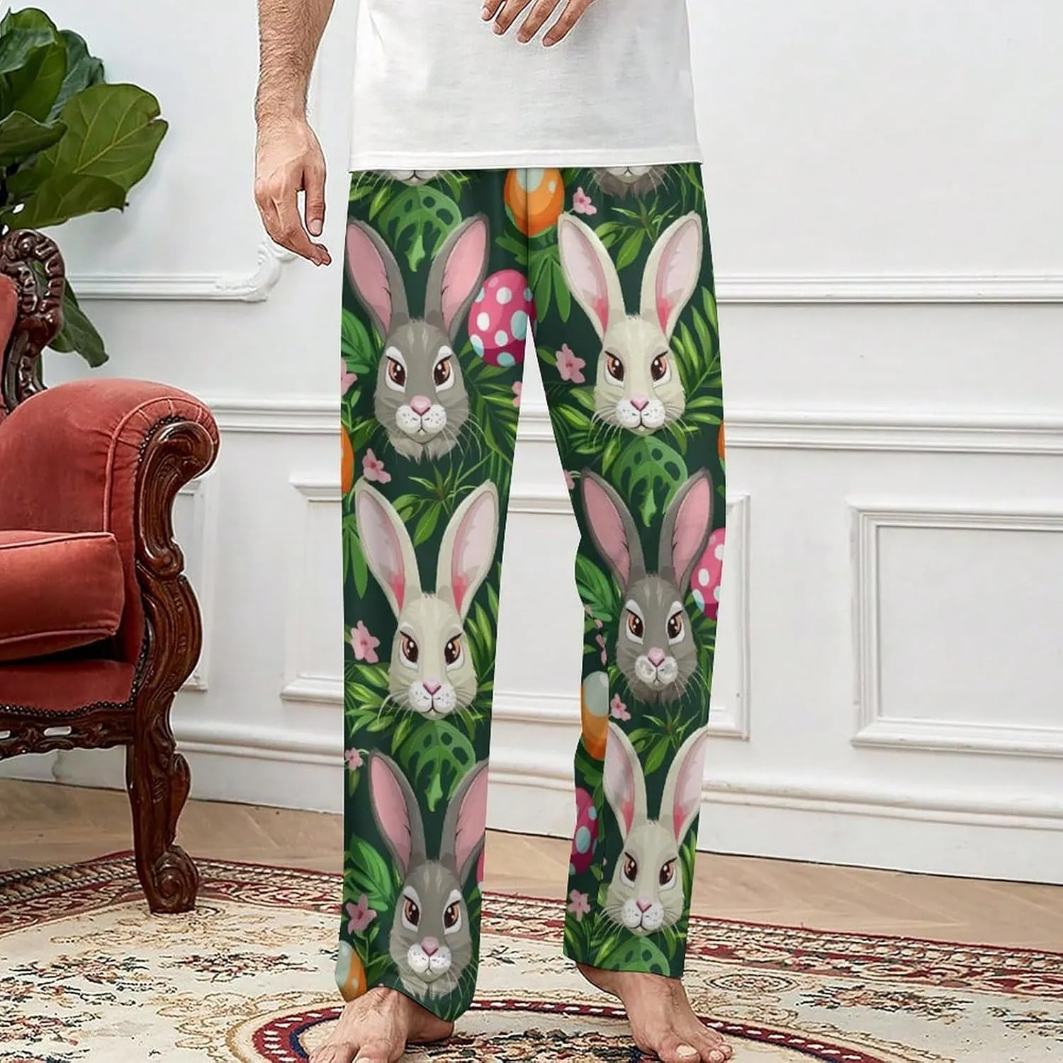 Funny Cartoon Rabbits Pajama Pants with Pockets Print Loungewear Bottoms Soft Sleep Pants for Men Women
