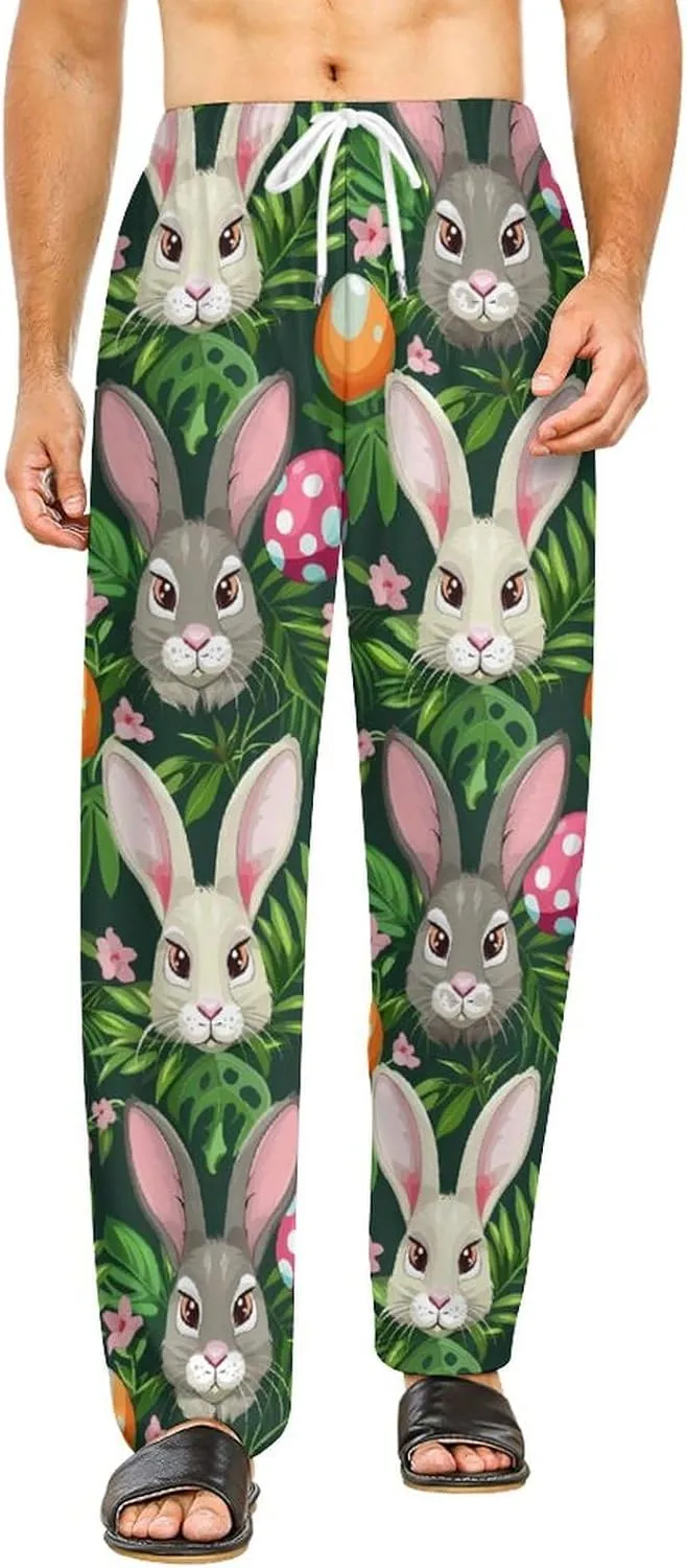 Funny Cartoon Rabbits Pajama Pants with Pockets Print Loungewear Bottoms Soft Sleep Pants for Men Women