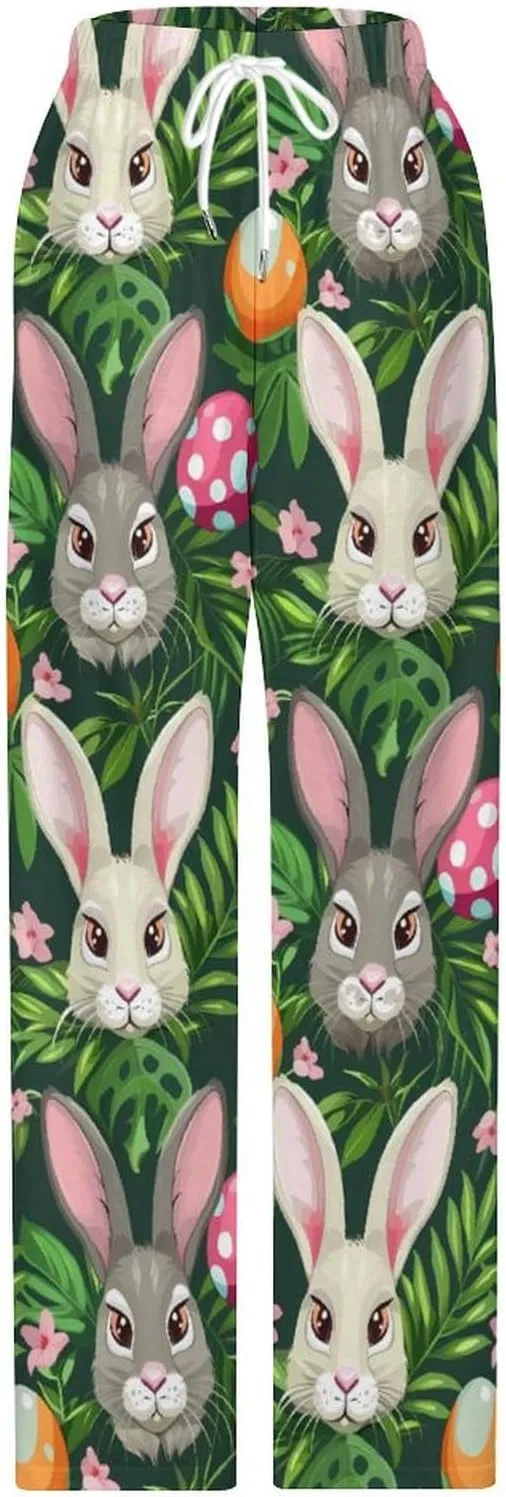 Funny Cartoon Rabbits Pajama Pants with Pockets Print Loungewear Bottoms Soft Sleep Pants for Men Women