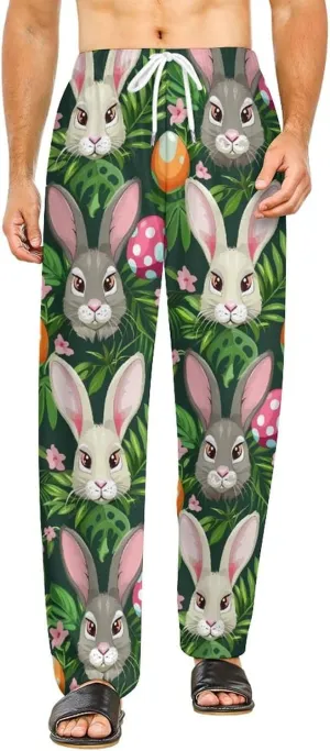 Funny Cartoon Rabbits Pajama Pants with Pockets Print Loungewear Bottoms Soft Sleep Pants for Men Women