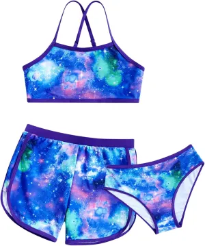 Funnycokid Girls Swimsuit 3 Piece Hawaii Bathing Suit Bikini Set with Shorts Swimwear 7-14 Years