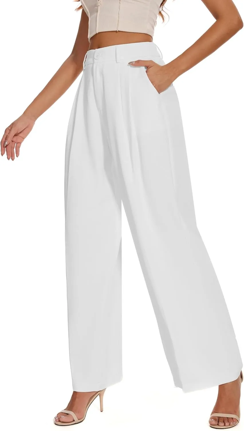 FUNYYZO Women's Loose Pleated Front Long Pants Wide Leg Trousers Solid Causal Dressy