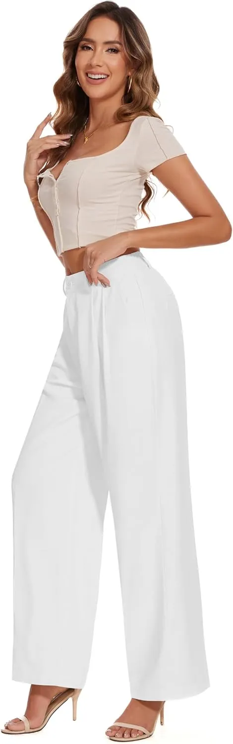 FUNYYZO Women's Loose Pleated Front Long Pants Wide Leg Trousers Solid Causal Dressy