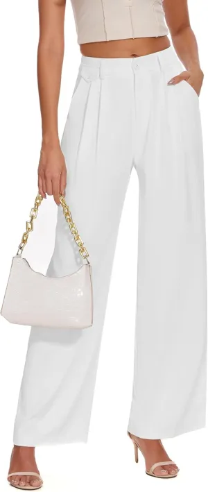 FUNYYZO Women's Loose Pleated Front Long Pants Wide Leg Trousers Solid Causal Dressy