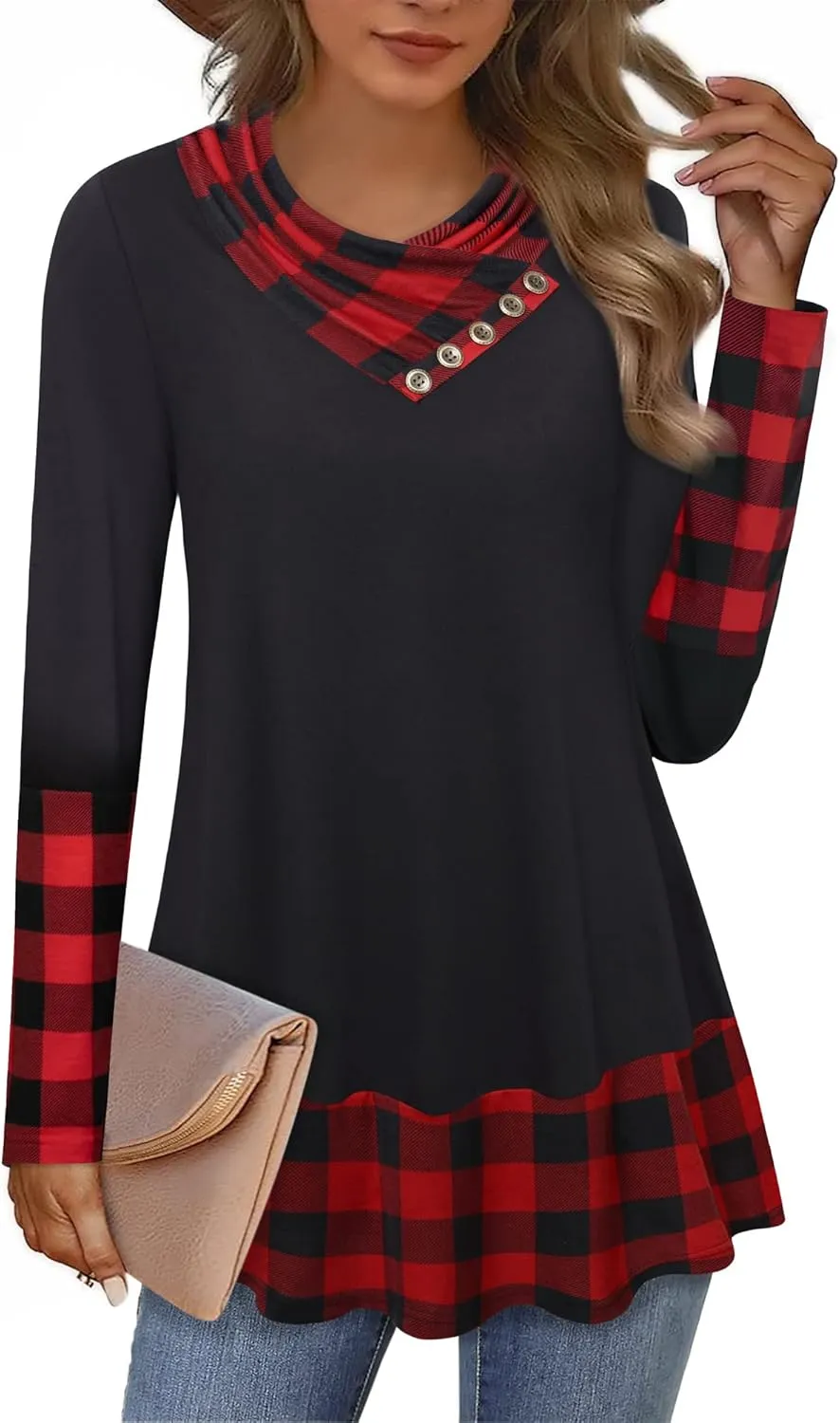 Gaharu Women's Long Sleeve Button Cowl Neck Floral Printed Casual Tunic Tops