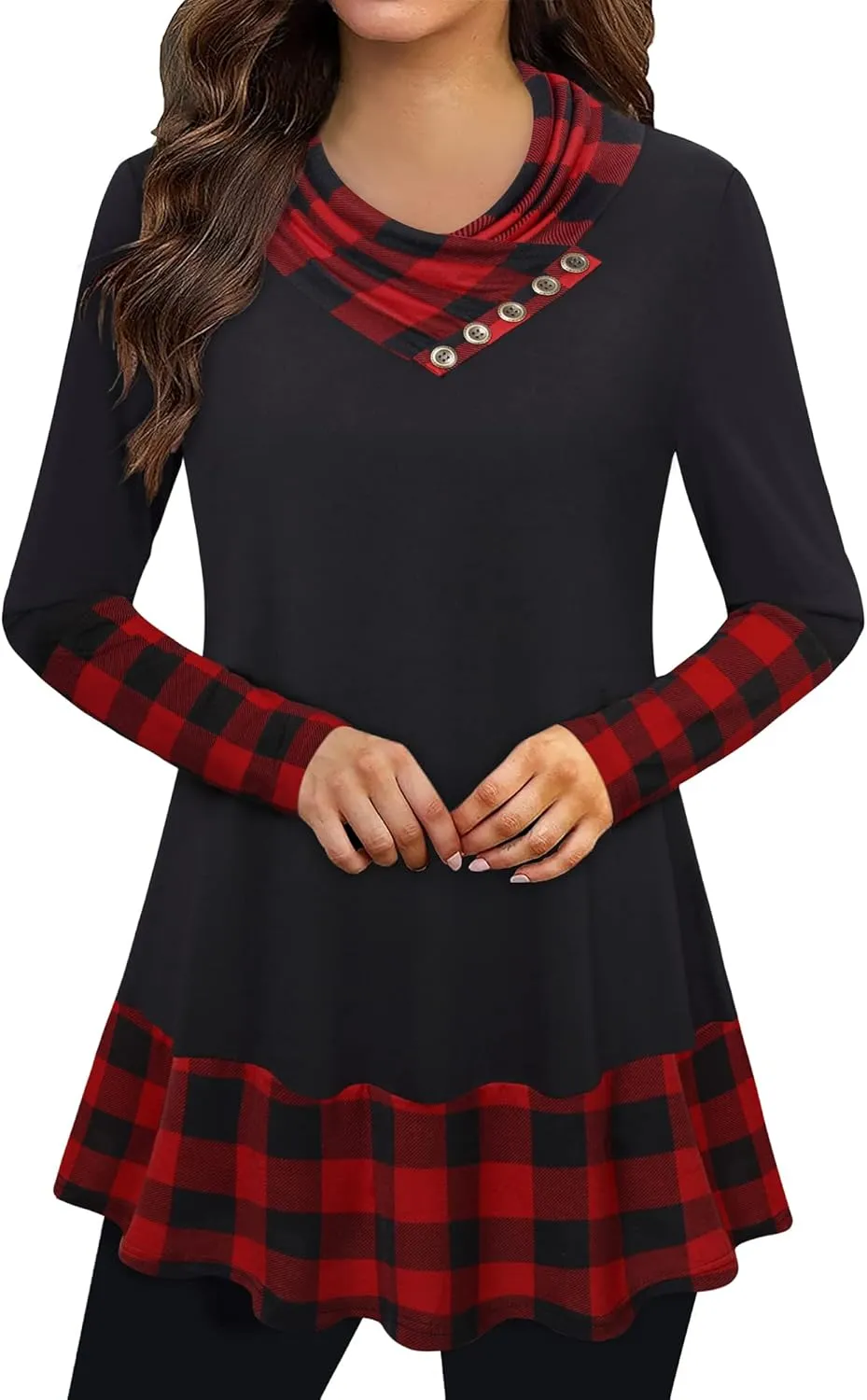 Gaharu Women's Long Sleeve Button Cowl Neck Floral Printed Casual Tunic Tops