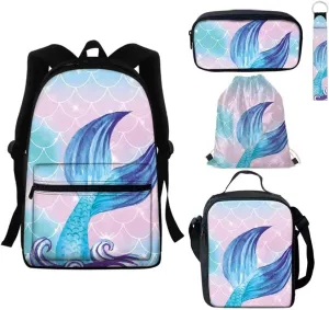 GIFTPUZZ Kids Backpack Mermaid Tail Scales Pattern with Insulated Lunchbag Large Capacity Pencil Box Drawstring Bag Long Keychain, Bookbag Set Student School Bag Laptop Bag