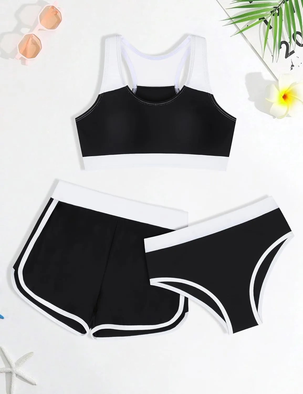 Girls Bikini 3PCS Swim Sets Color Block Crop Top Briefs with Shorts for 7-16 Years