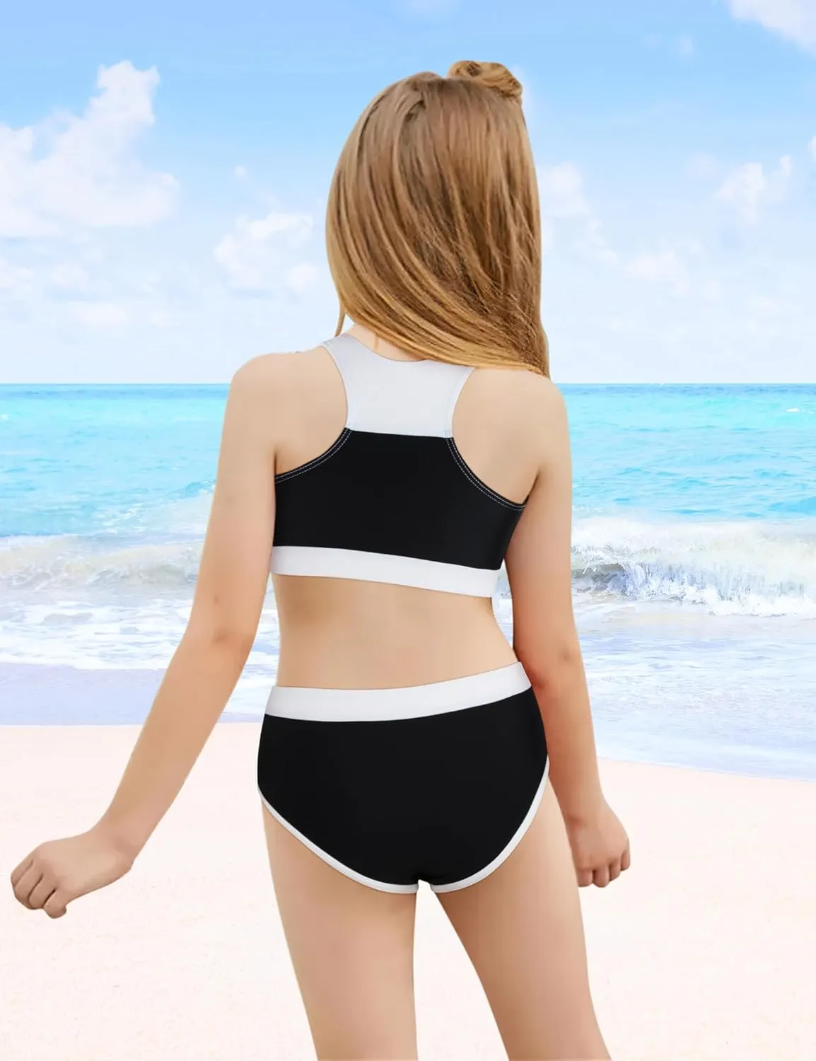 Girls Bikini 3PCS Swim Sets Color Block Crop Top Briefs with Shorts for 7-16 Years