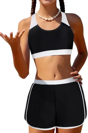 Girls Bikini 3PCS Swim Sets Color Block Crop Top Briefs with Shorts for 7-16 Years