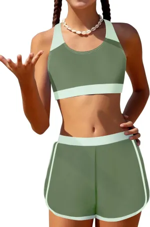 Girls Bikini 3PCS Swim Sets Color Block Crop Top Briefs with Shorts for 7-16 Years