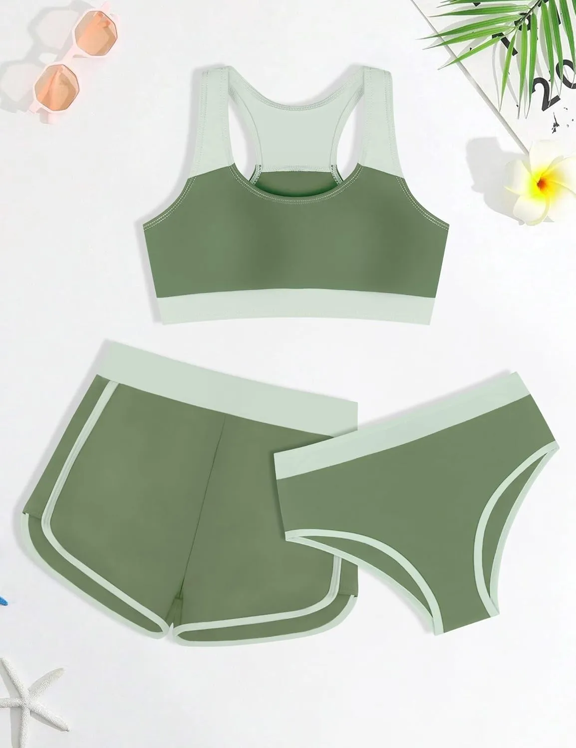 Girls Bikini 3PCS Swim Sets Color Block Crop Top Briefs with Shorts for 7-16 Years