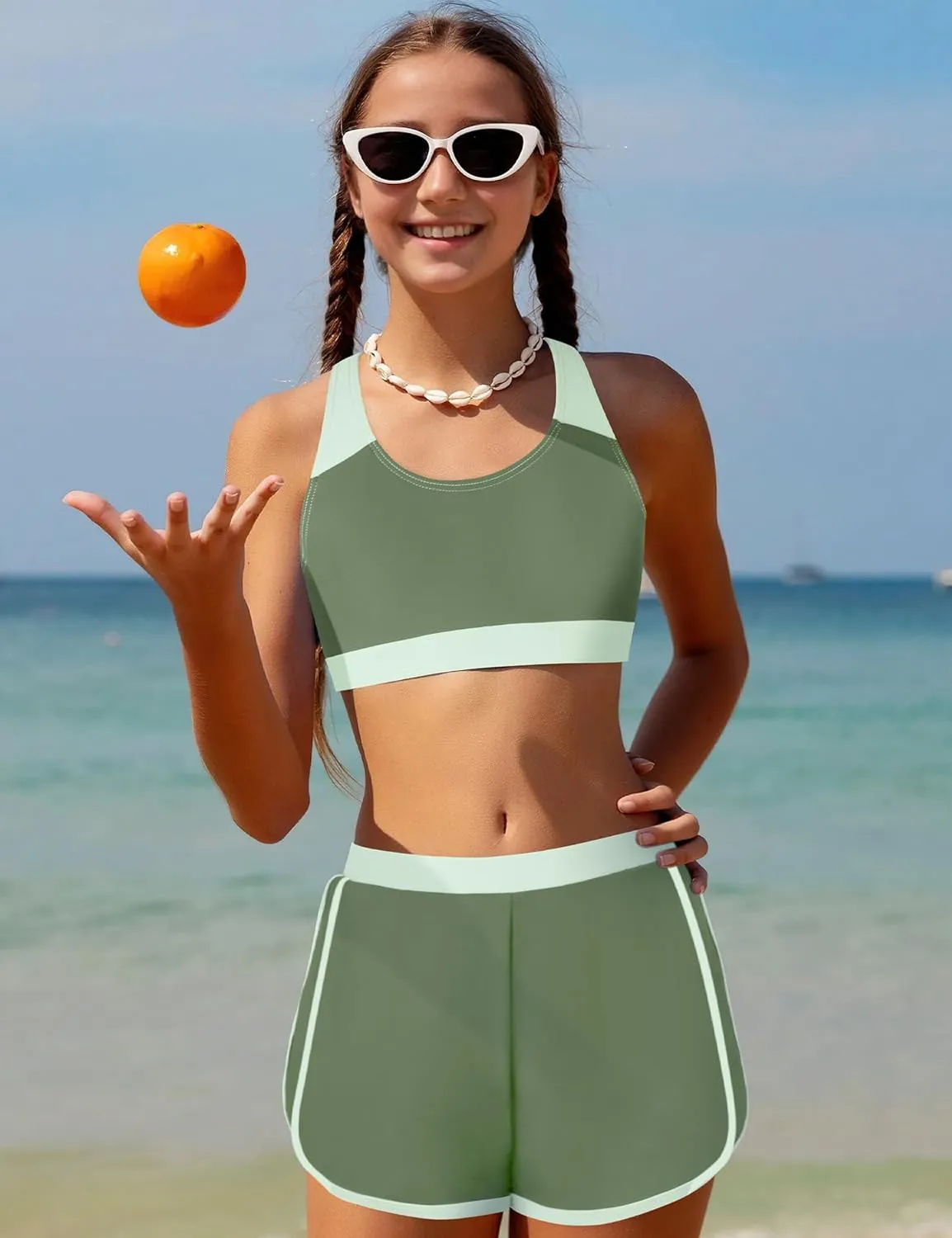 Girls Bikini 3PCS Swim Sets Color Block Crop Top Briefs with Shorts for 7-16 Years