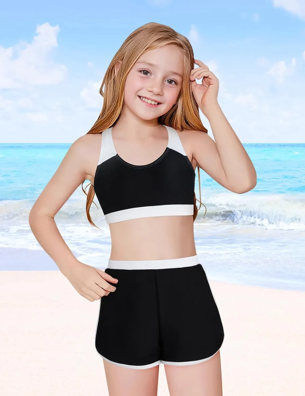 Girls Bikini 3PCS Swim Sets Color Block Crop Top Briefs with Shorts for 7-16 Years