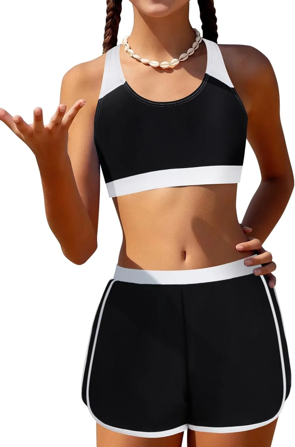 Girls Bikini 3PCS Swim Sets Color Block Crop Top Briefs with Shorts for 7-16 Years