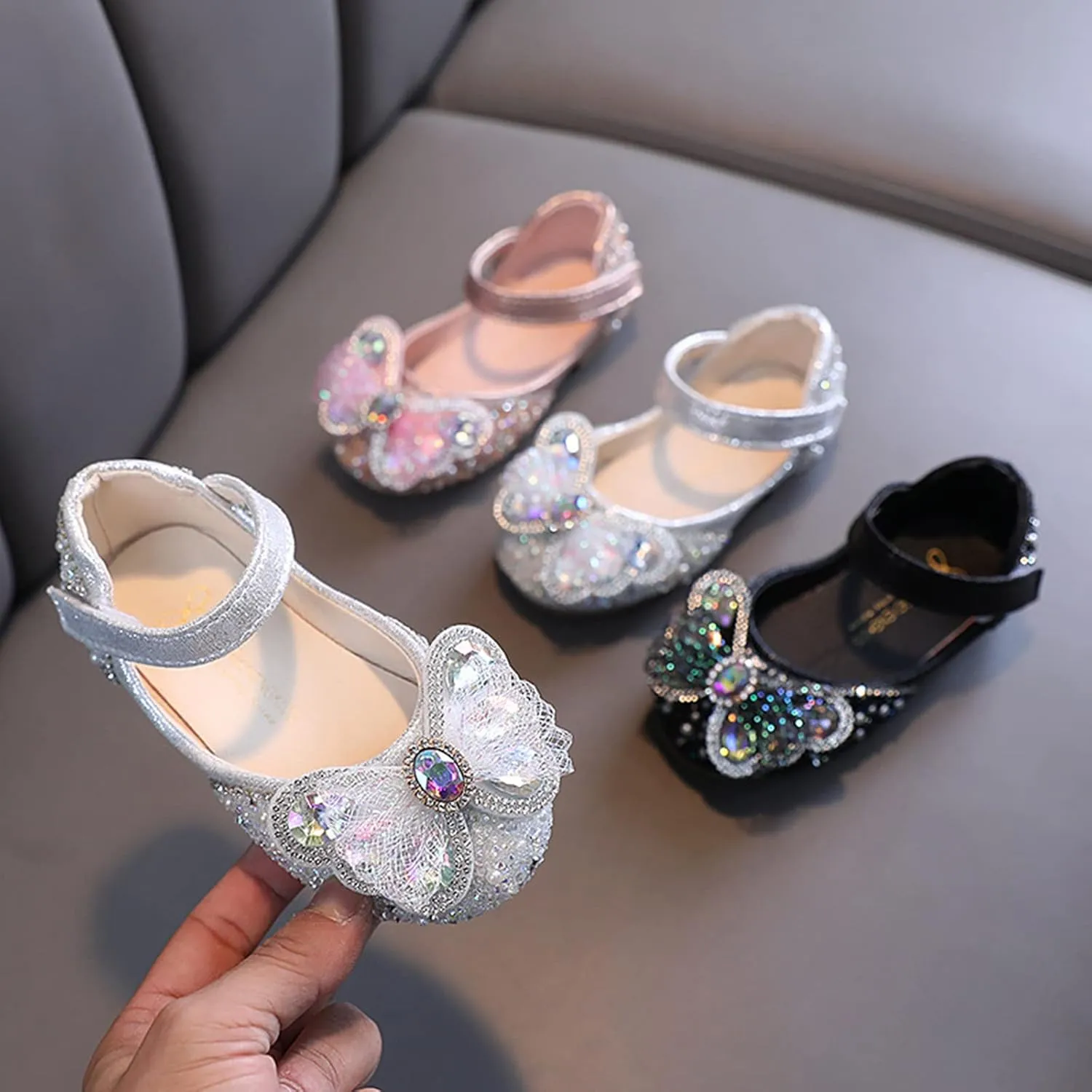 Girls Glittler Bow Dress Shoes Princess Kids Toddler Crystal Flats Flower Wedding Party Shoes Sandals