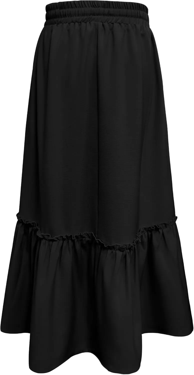 Girls High Waisted Ruffle Maxi Skirt Soft Cotton Long Skirts with Elastic Waistband for Kid Girl 3-12 Years